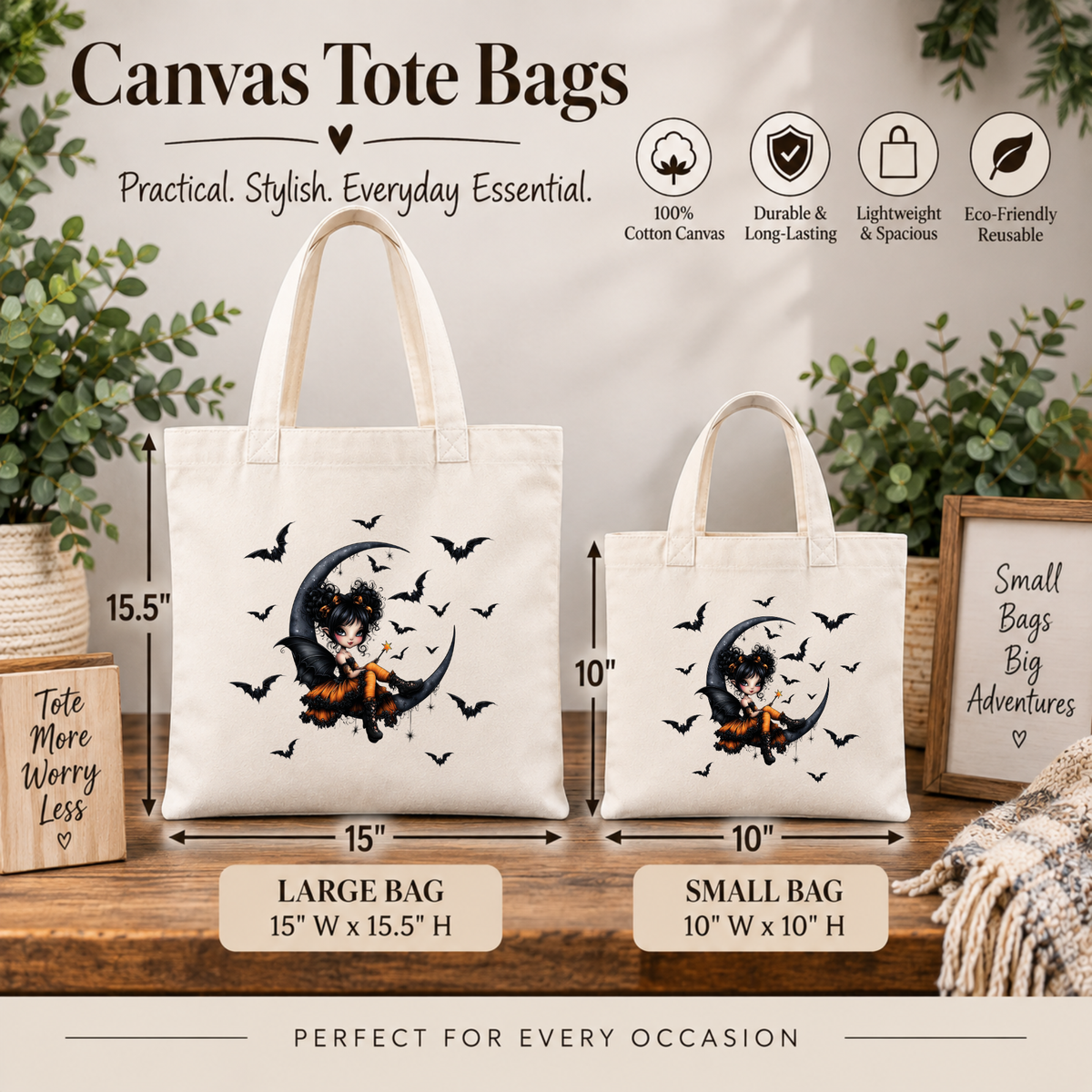 Halloween Canvas Tote Bag – Cute Witch & Bats Trick or Treat Bag