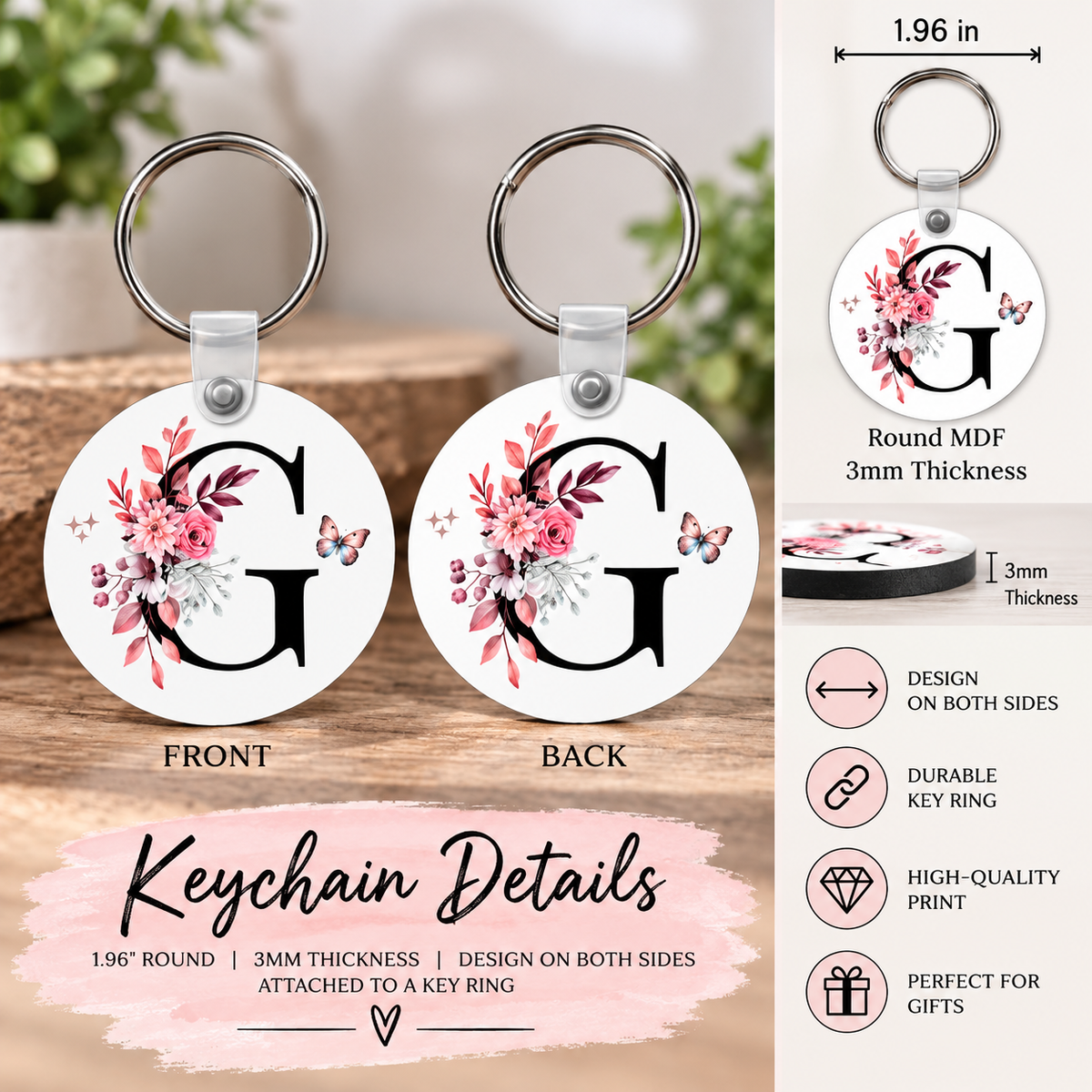 Floral Initial Keychain, Personalized Boho Letter Monogram Keyring