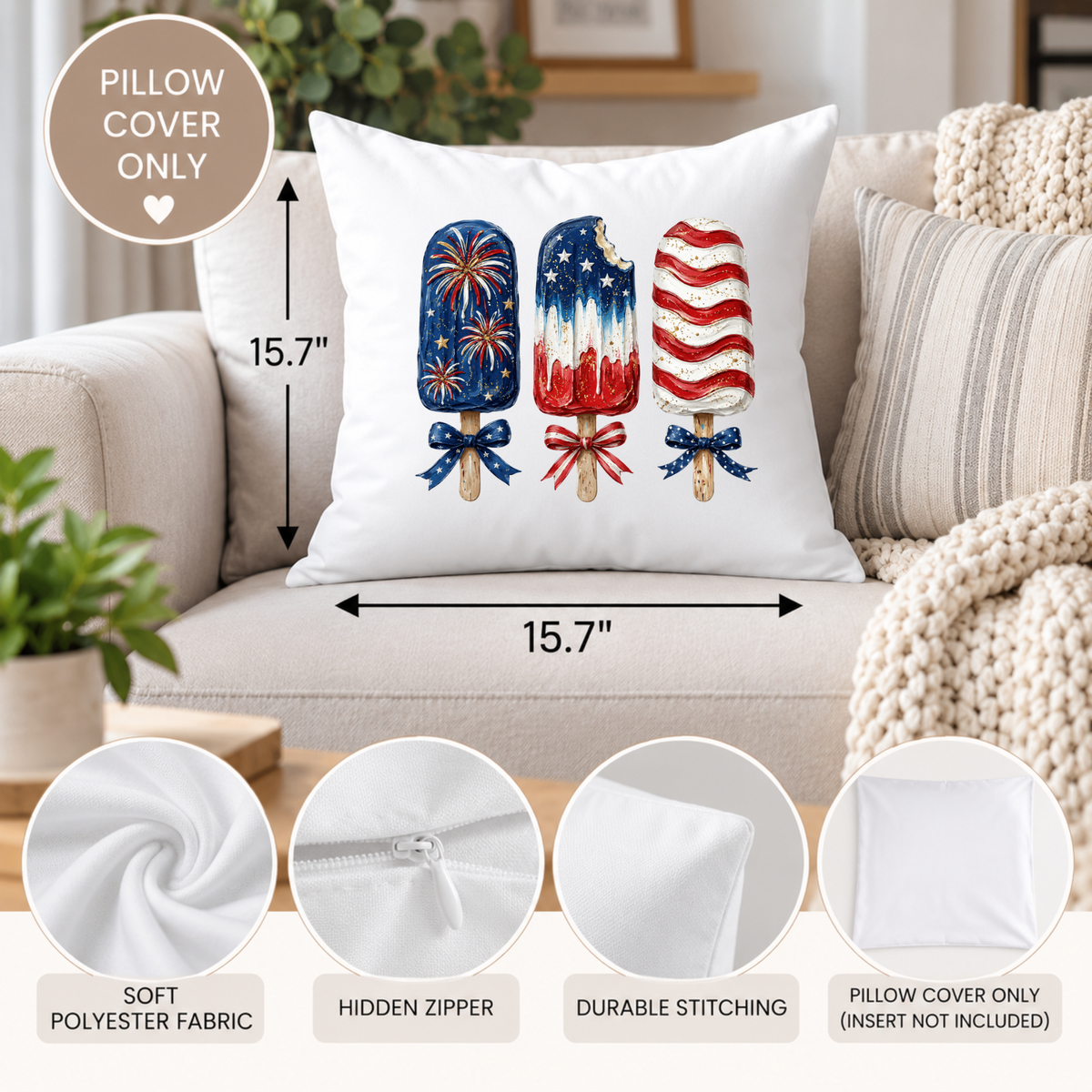 Popsicle Pillow Cover | Watercolor Patriotic Americana Farmhouse Decor