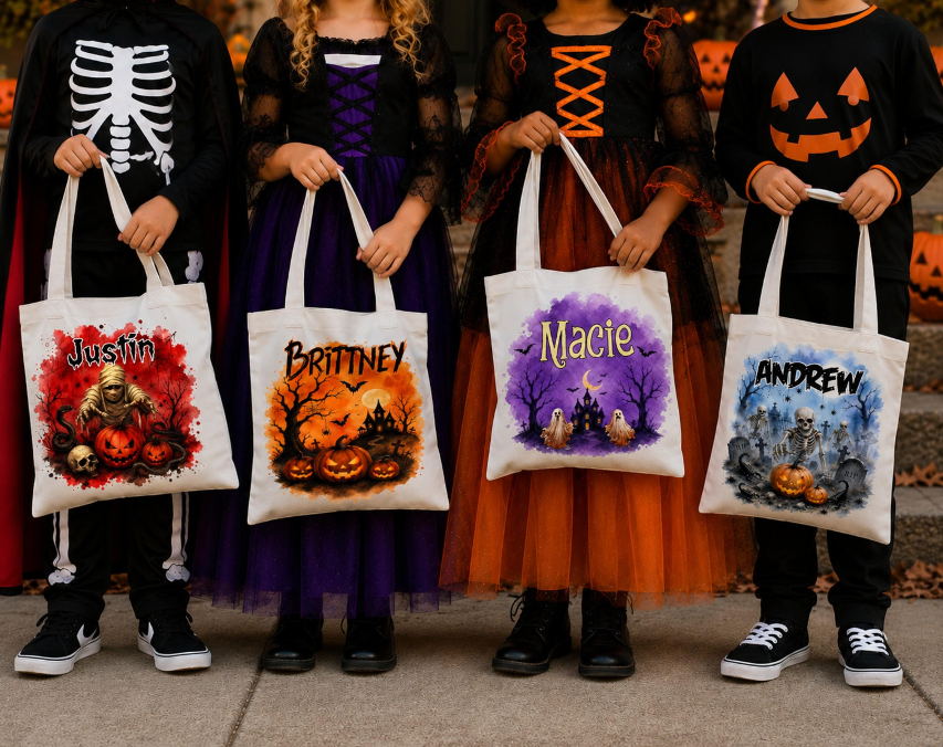 Personalized Halloween Trick or Treat Tote Bag – Custom Name Kids Candy Bag