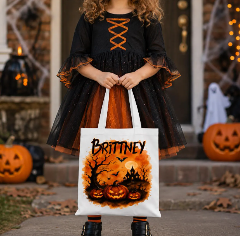 Personalized Halloween Trick or Treat Tote Bag – Custom Name Kids Candy Bag