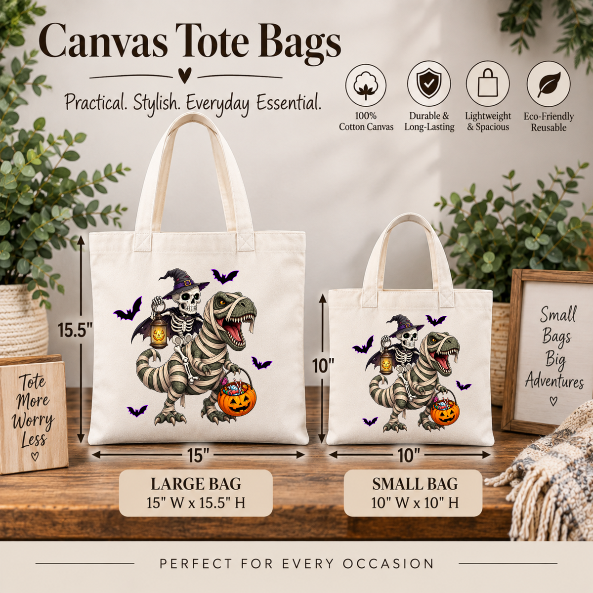 Halloween Dinosaur Tote Bag – Skeleton & Mummy T-Rex Trick or Treat Bag