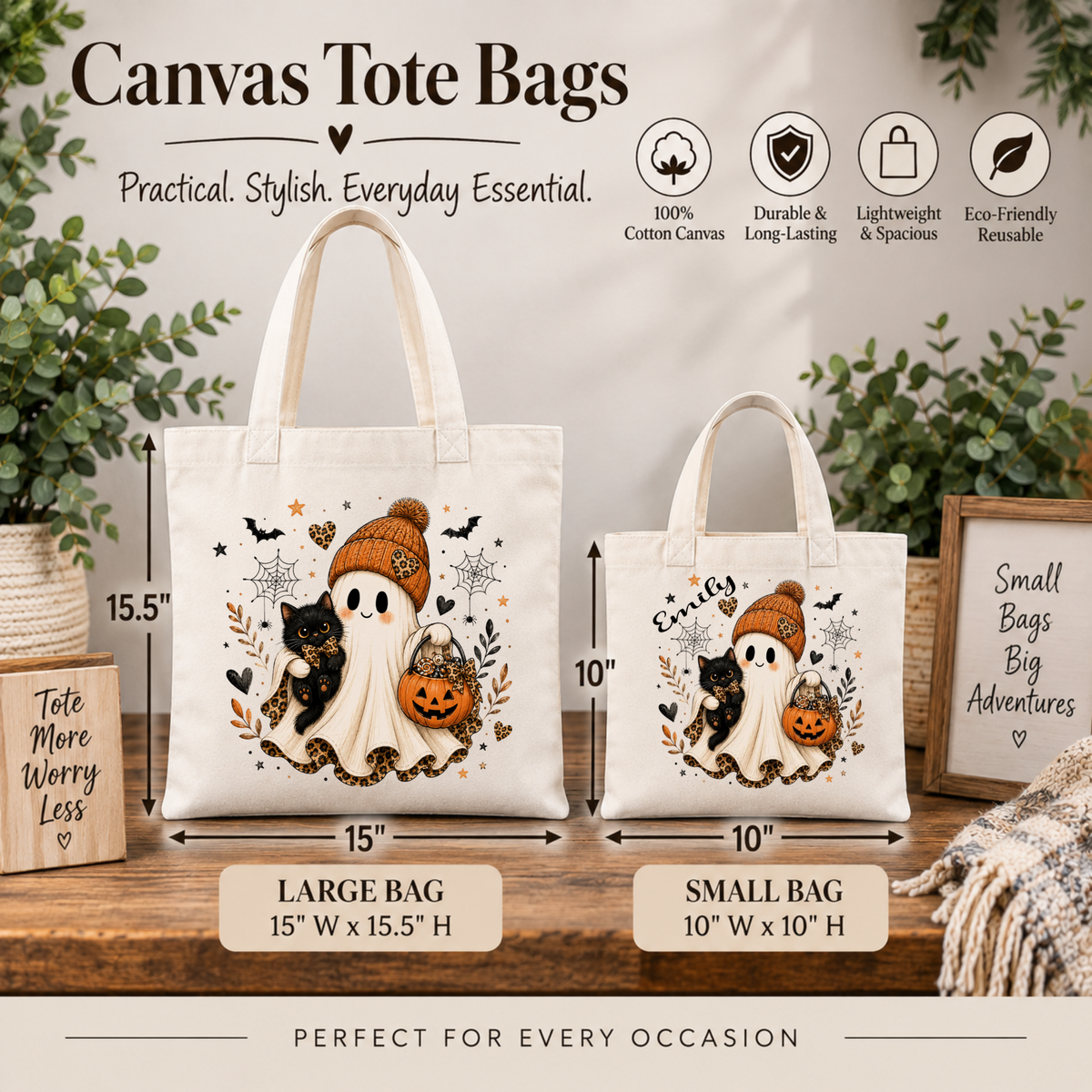 Personalized Halloween Trick or Treat Bag – Ghost & Black Cat Tote