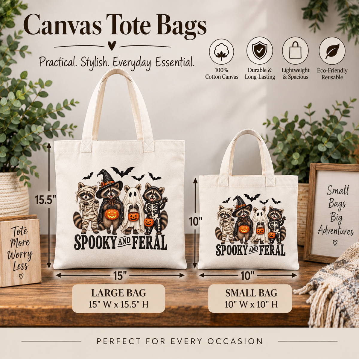 Spooky & Feral Halloween Canvas Tote Bag – Raccoon Trick or Treat Bag