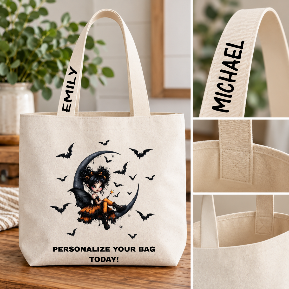 Halloween Canvas Tote Bag – Cute Witch & Bats Trick or Treat Bag
