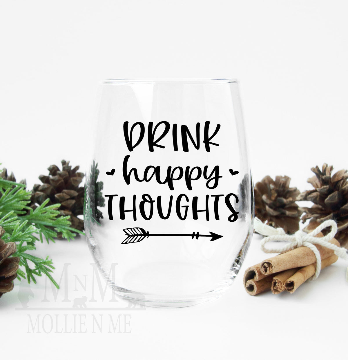 Drink Happy Thoughts Stemless Wine Glass | Funny Gift for Wine Lovers