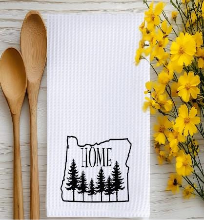 Oregon Home Waffle Kitchen Towel – Pacific Northwest Pine Tree Decor