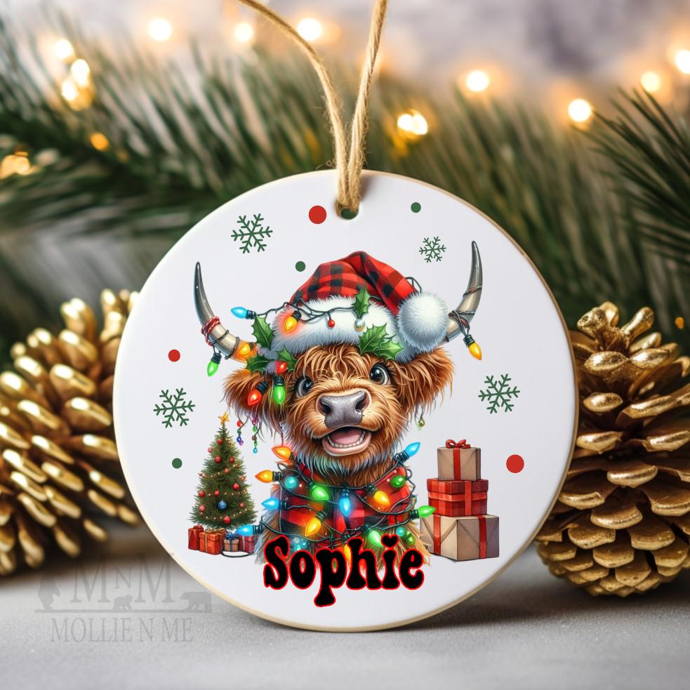 Personalized Highland Cow Christmas Ornament: Farmhouse Holiday Decor