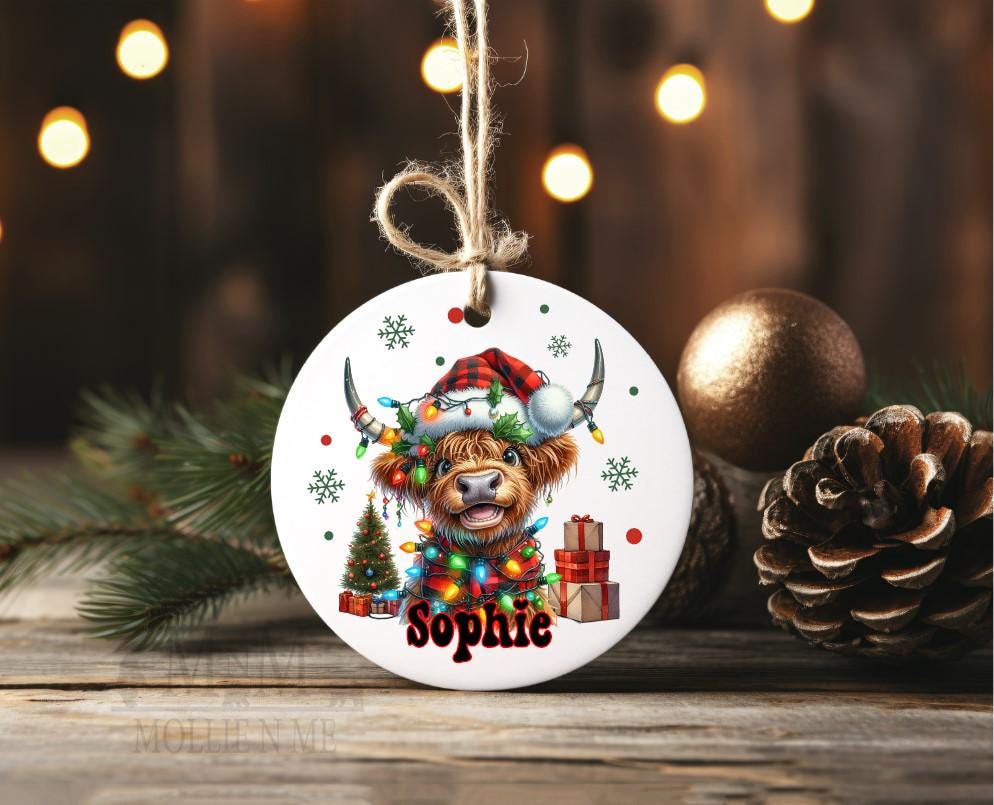 Personalized Highland Cow Christmas Ornament: Farmhouse Holiday Decor