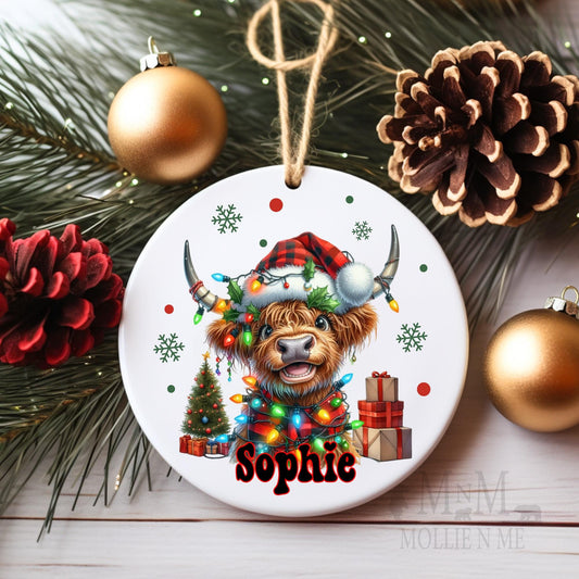 Personalized Highland Cow Christmas Ornament: Farmhouse Holiday Decor