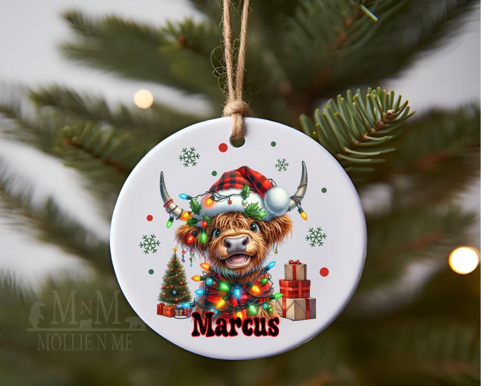 Personalized Highland Cow Christmas Ornament: Farmhouse Holiday Decor