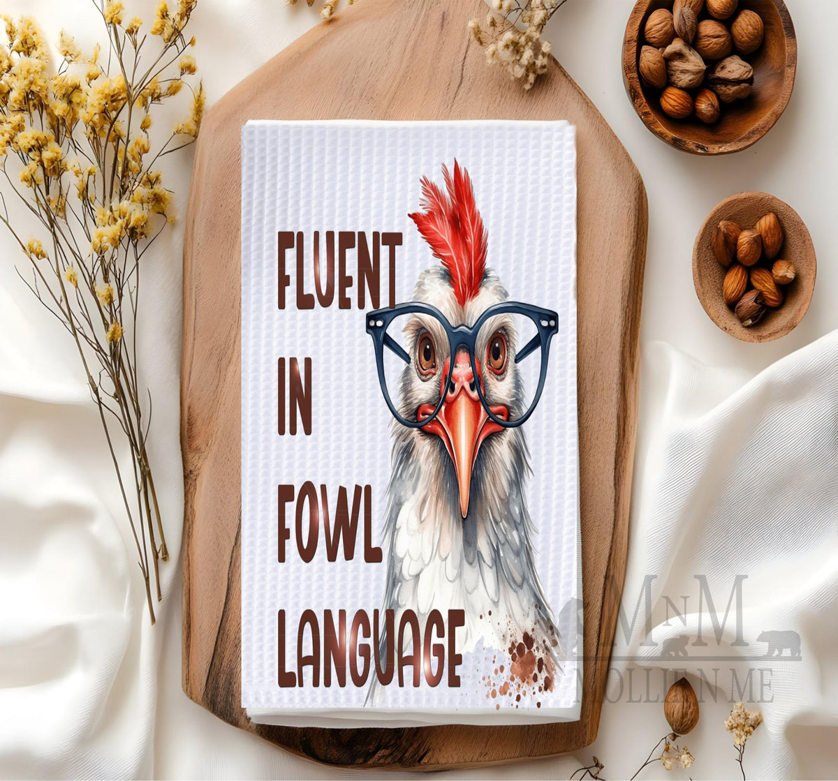 Funny Chicken Kitchen Towel – “Fluent in Fowl Language” Farmhouse Dish Towel