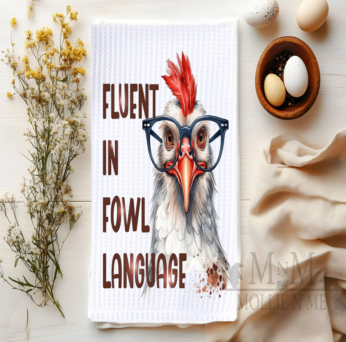 Funny Chicken Kitchen Towel – “Fluent in Fowl Language” Farmhouse Dish Towel