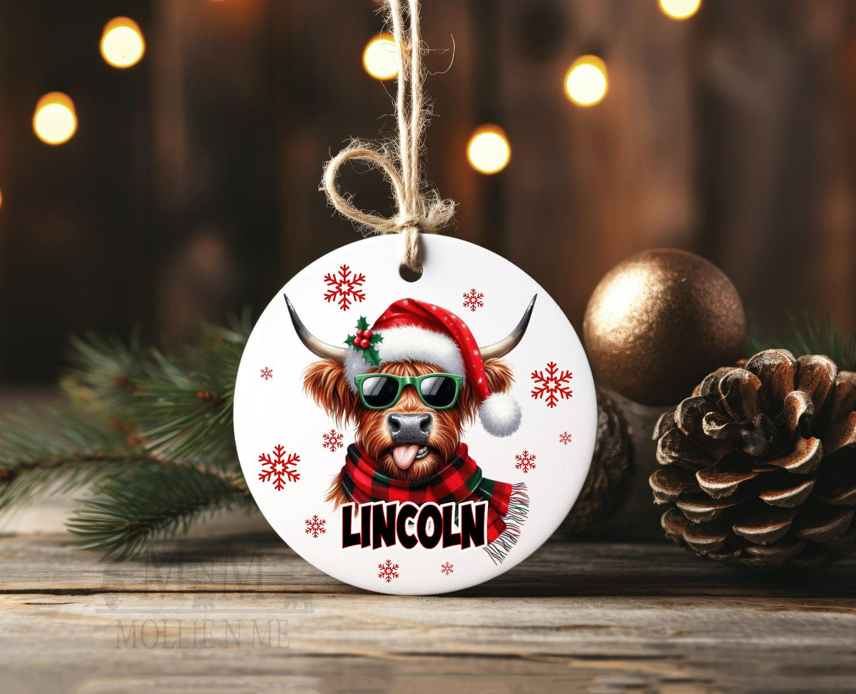 Personalized Highland Cow Christmas Ornament | Custom Name Holiday Ornament