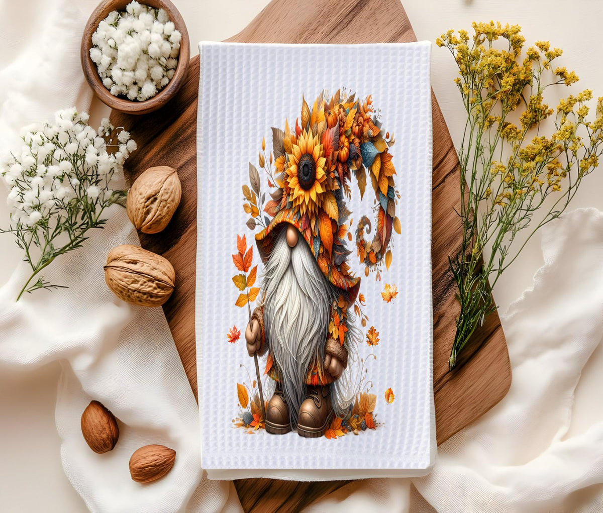Fall Gnome Kitchen Towel: Sunflower Autumn Waffle Weave Decor