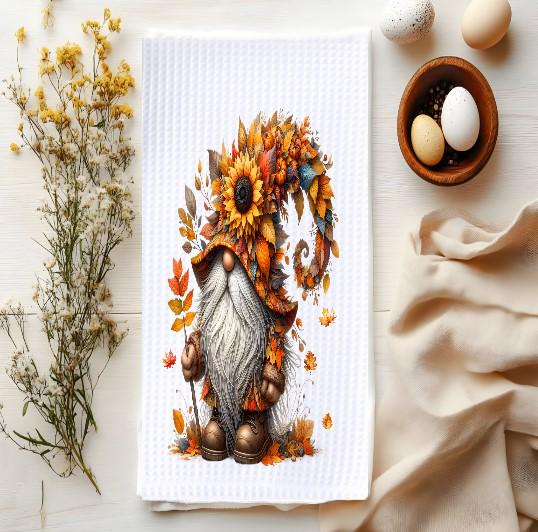 Fall Gnome Kitchen Towel: Sunflower Autumn Waffle Weave Decor