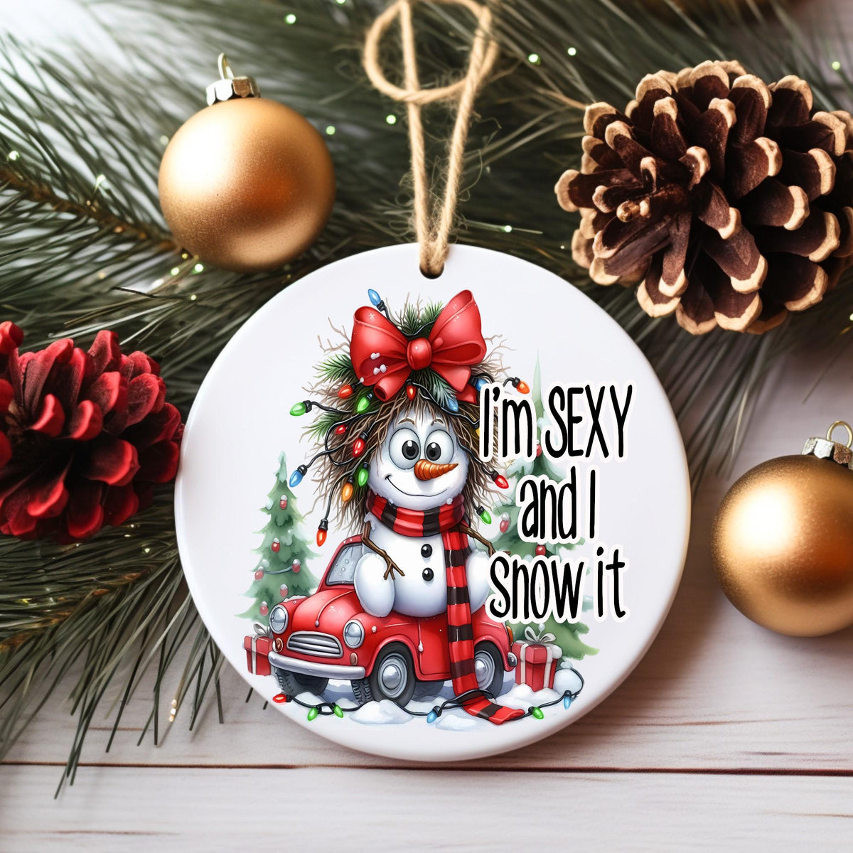 Funny Snowman Christmas Ornament – “I’m Sexy and I Snow It” Holiday Decor