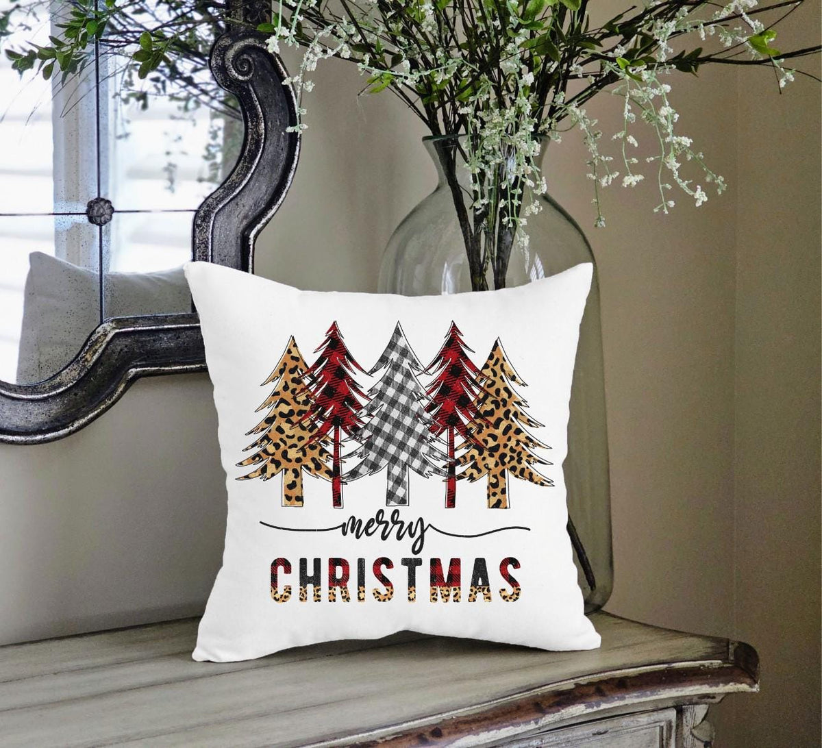 Personalized Merry Christmas Tree Throw Pillow Cover