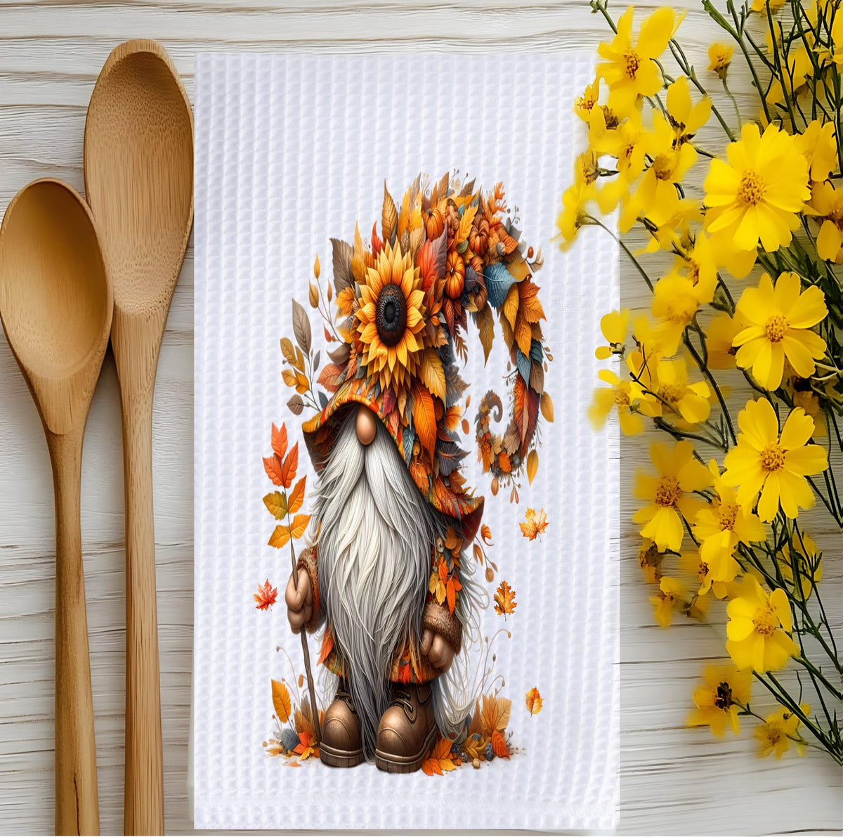 Fall Gnome Kitchen Towel: Sunflower Autumn Waffle Weave Decor