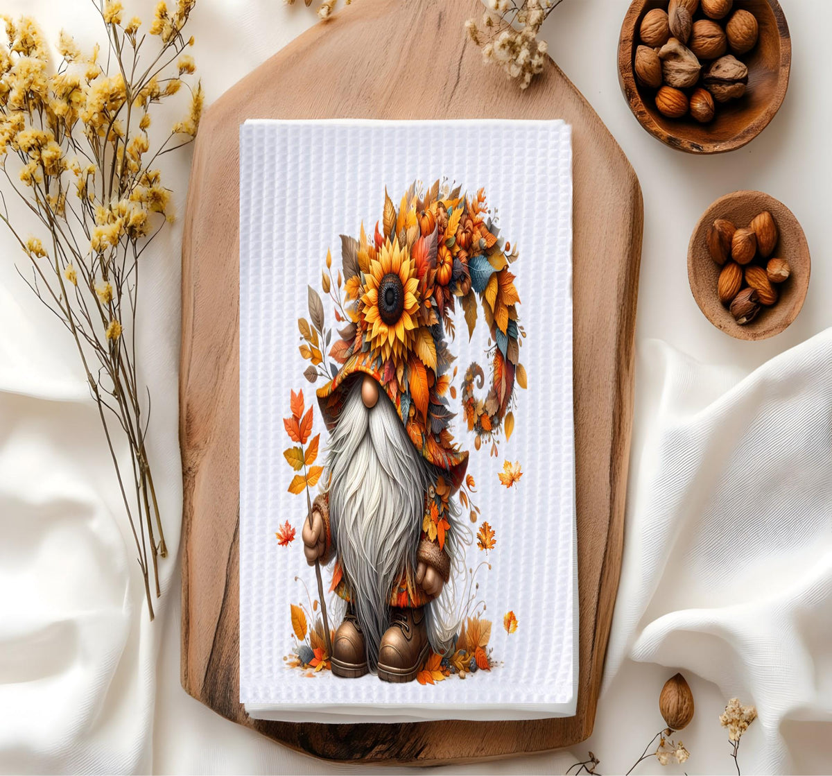 Fall Gnome Kitchen Towel: Sunflower Autumn Waffle Weave Decor