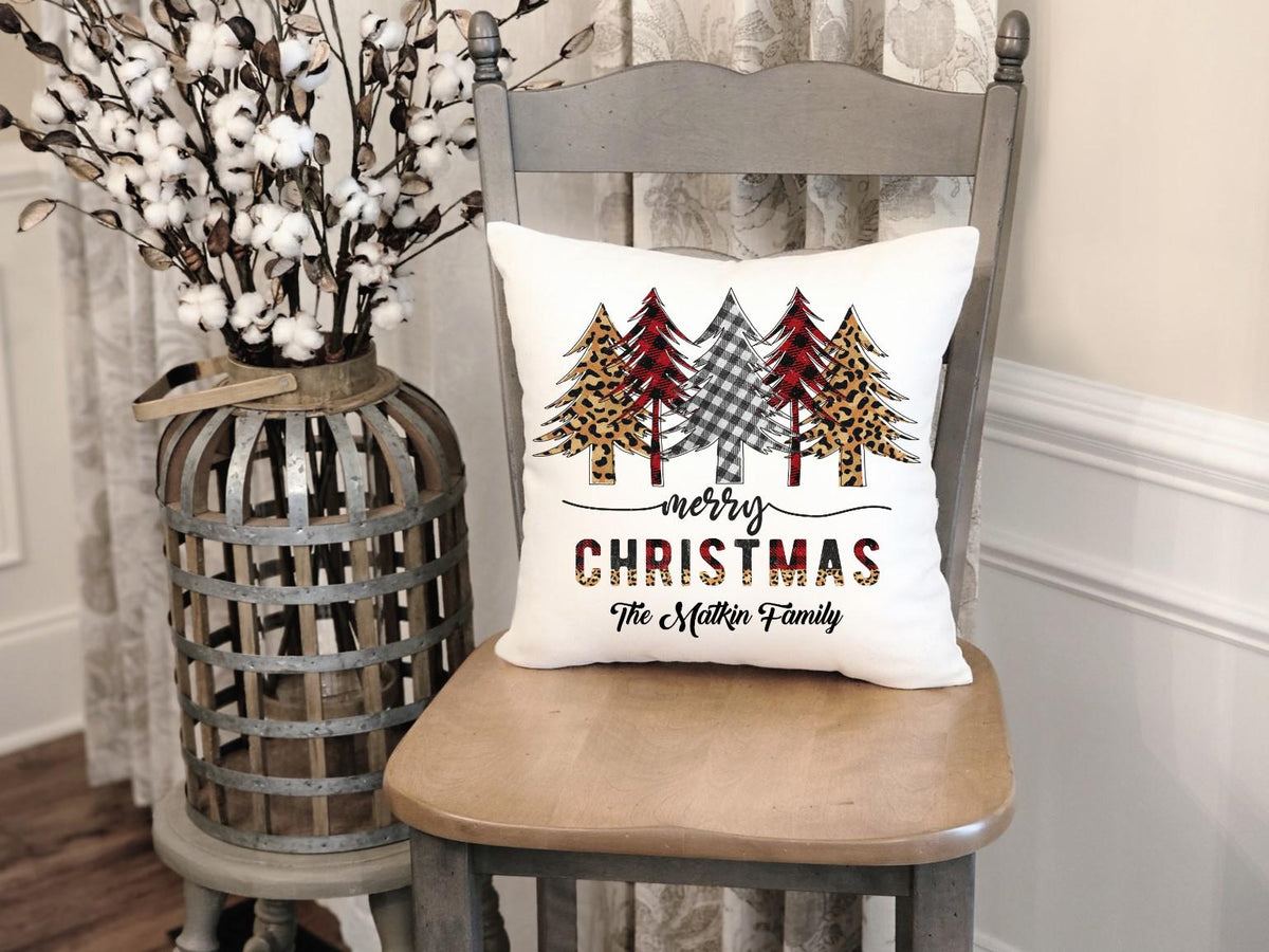 Personalized Merry Christmas Tree Throw Pillow Cover