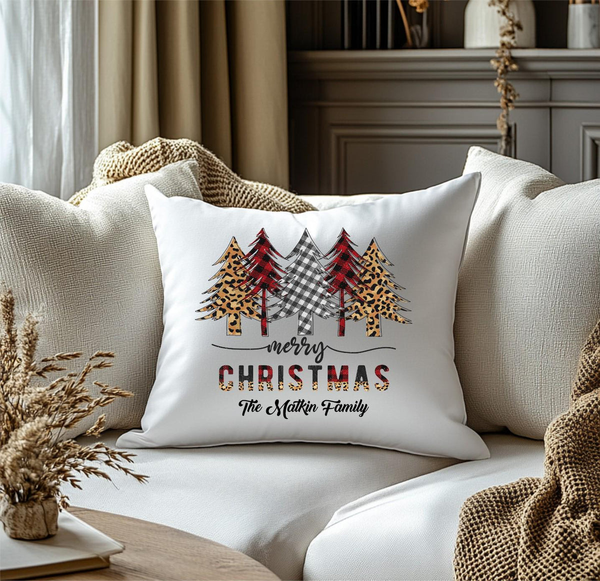 Personalized Merry Christmas Tree Throw Pillow Cover