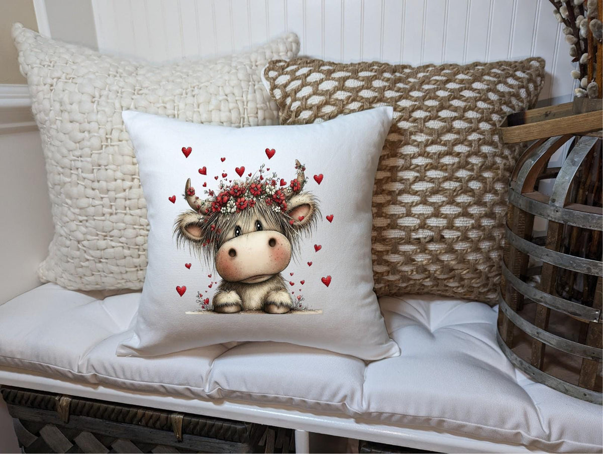 Highland Cow Pillow Cover – Valentine Heart Farmhouse Throw Pillow Decor