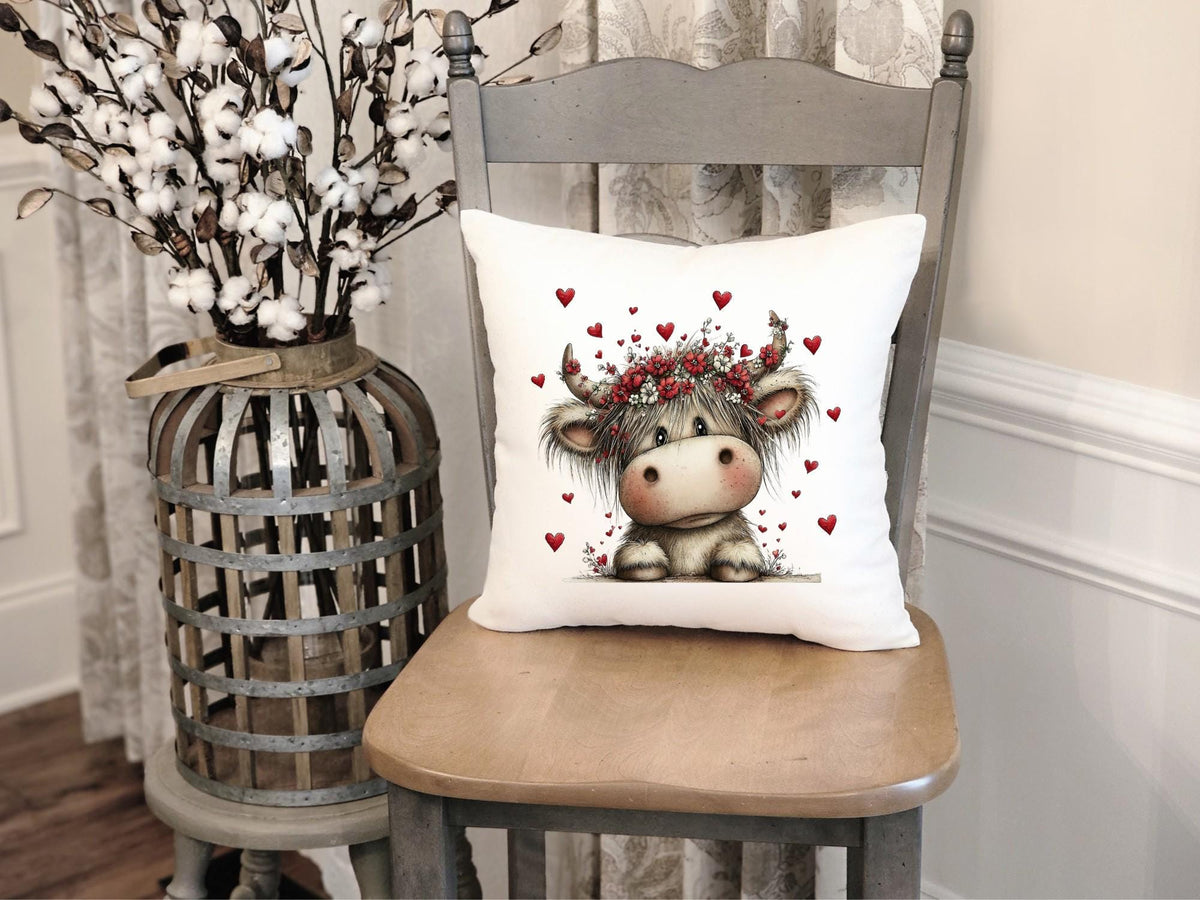 Highland Cow Pillow Cover – Valentine Heart Farmhouse Throw Pillow Decor