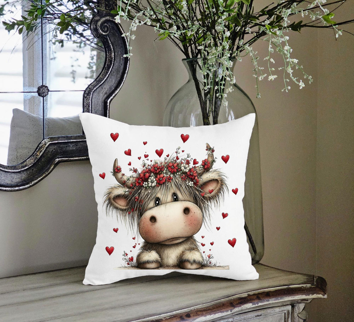 Highland Cow Pillow Cover – Valentine Heart Farmhouse Throw Pillow Decor