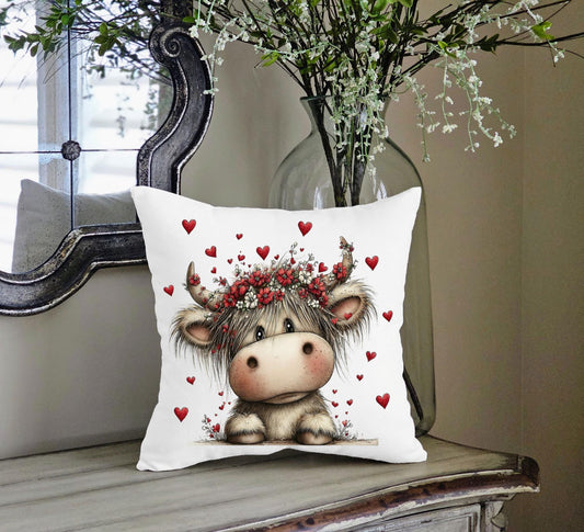Highland Cow Pillow Cover – Valentine Heart Farmhouse Throw Pillow Decor