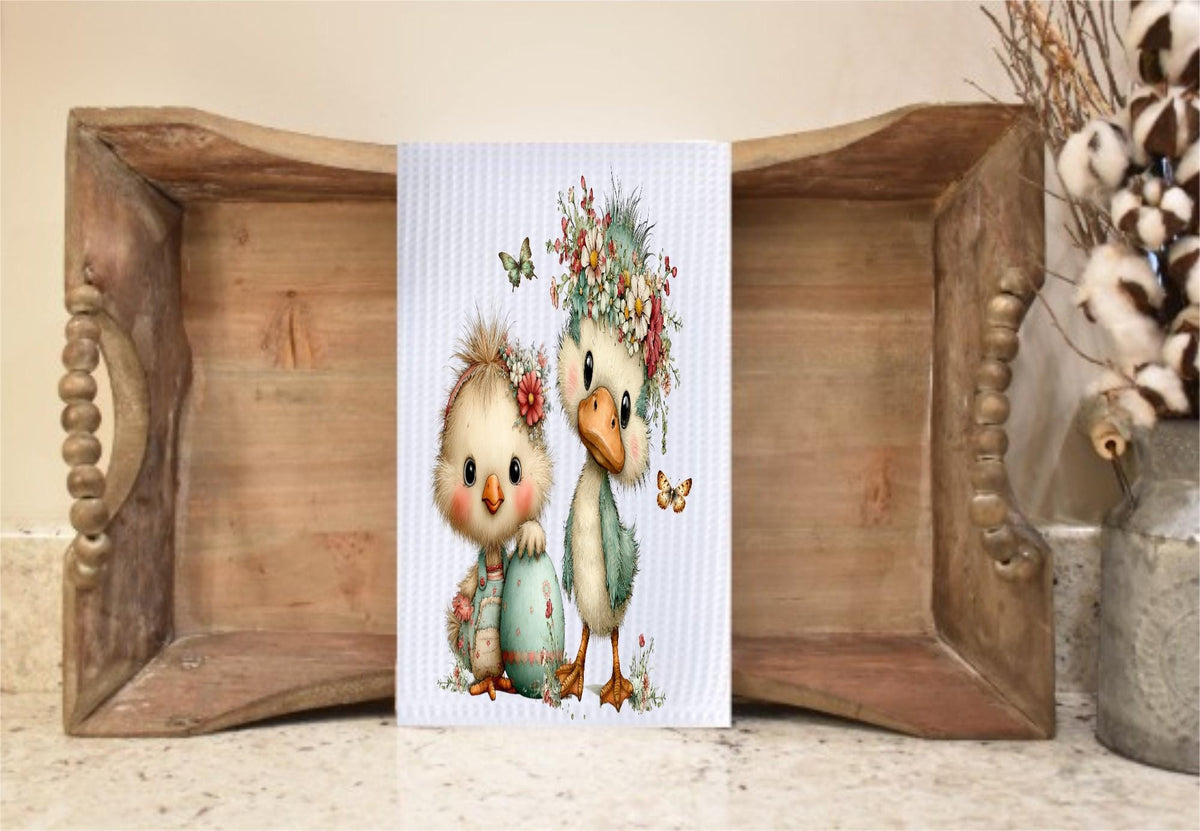 Cute Duck & Chick Waffle Kitchen Towel – Floral Farmhouse Microfiber Hand Towel