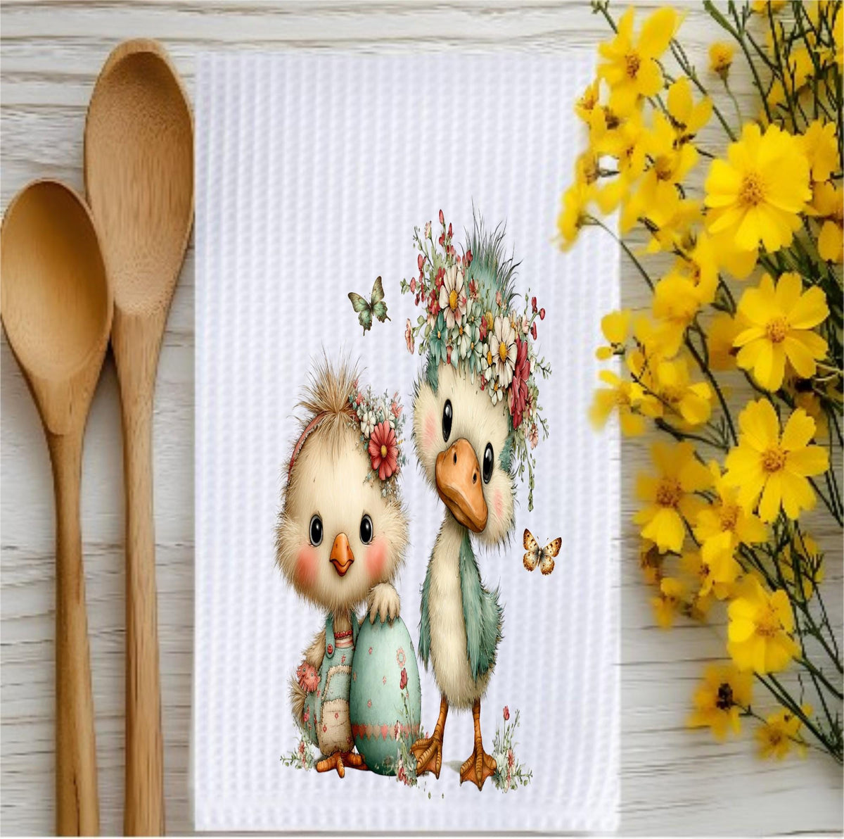 Cute Duck & Chick Waffle Kitchen Towel – Floral Farmhouse Microfiber Hand Towel
