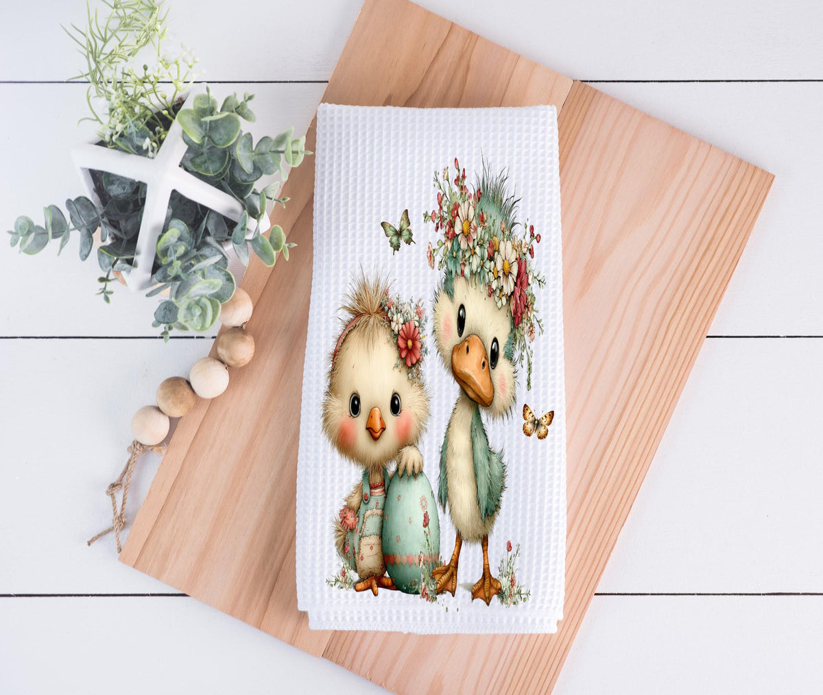 Cute Duck & Chick Waffle Kitchen Towel – Floral Farmhouse Microfiber Hand Towel