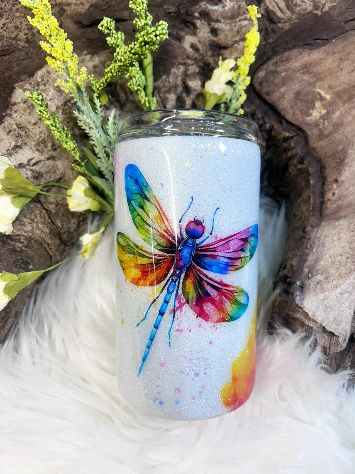 Rainbow Dragonfly Watercolor Tumbler, Glitter Nature Drinkware