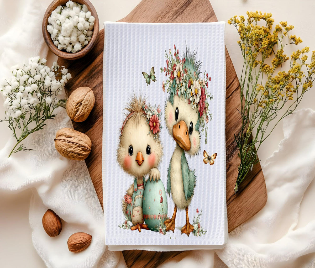 Cute Duck & Chick Waffle Kitchen Towel – Floral Farmhouse Microfiber Hand Towel