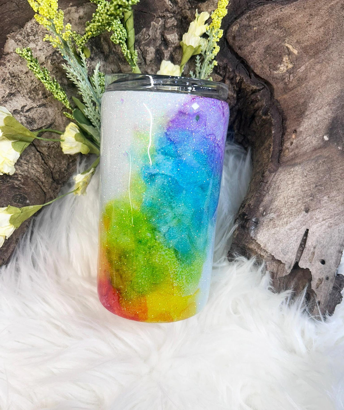 Rainbow Dragonfly Watercolor Tumbler, Glitter Nature Drinkware