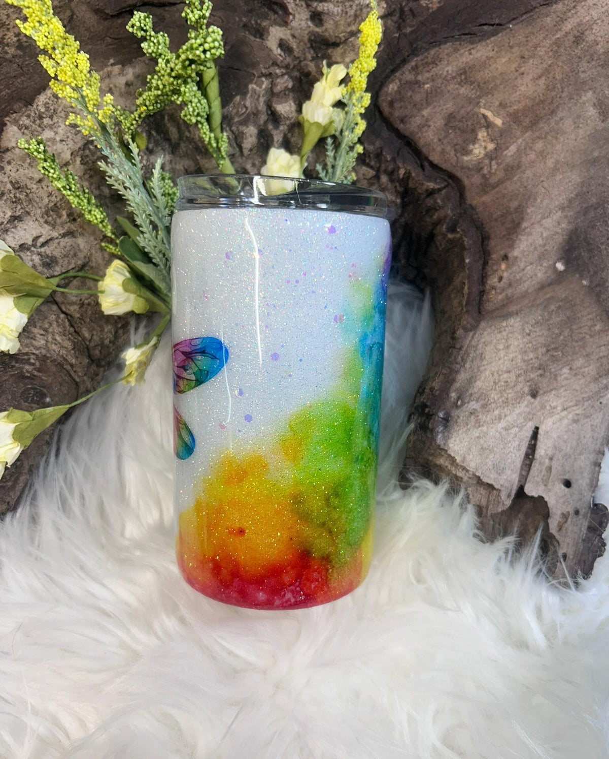 Rainbow Dragonfly Watercolor Tumbler, Glitter Nature Drinkware