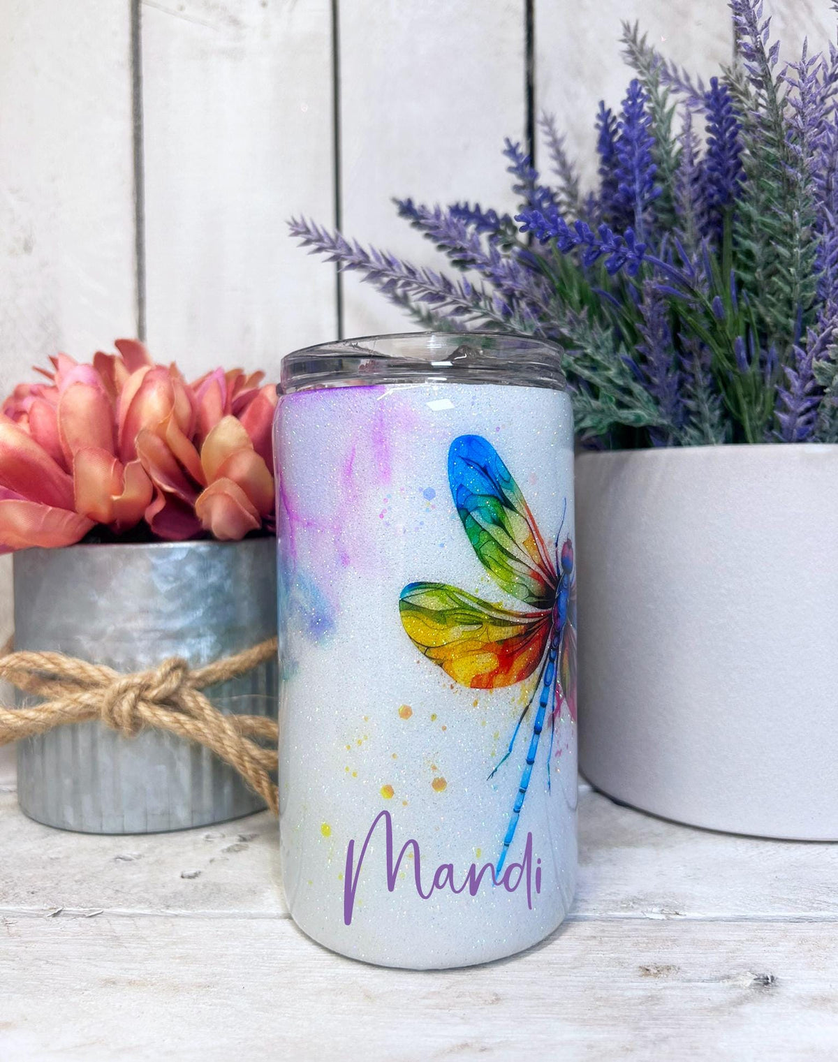 Rainbow Dragonfly Watercolor Tumbler, Glitter Nature Drinkware