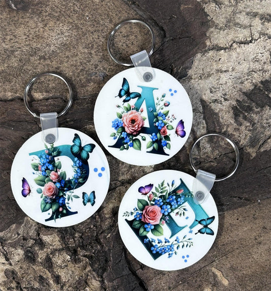 Personalized Teal Floral Initial Keychain