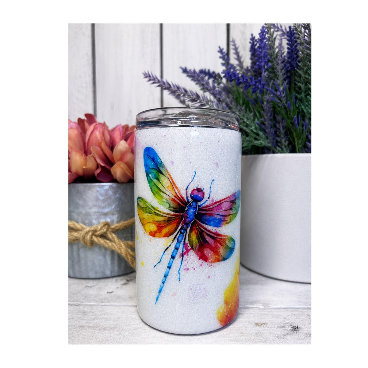 Rainbow Dragonfly Watercolor Tumbler, Glitter Nature Drinkware