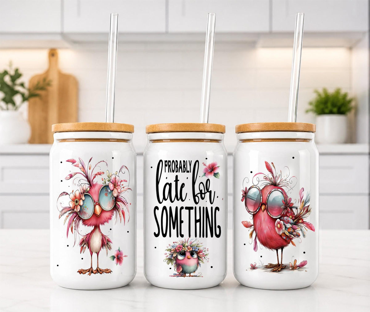 Funny Frosted Glass Can with Bamboo Lid & Straw – Probably Late for Something Bird Cup