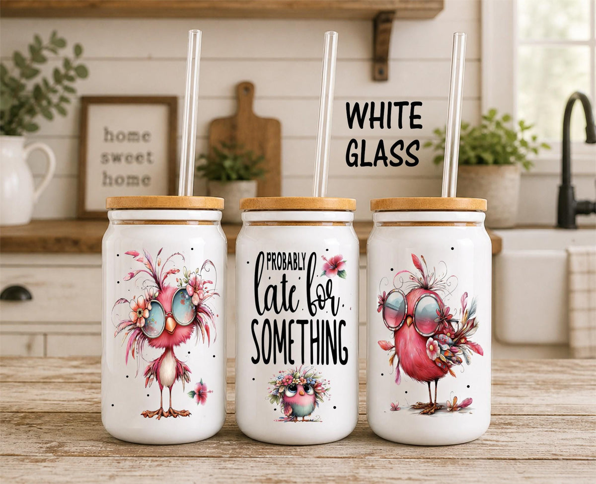 Funny Frosted Glass Can with Bamboo Lid & Straw – Probably Late for Something Bird Cup