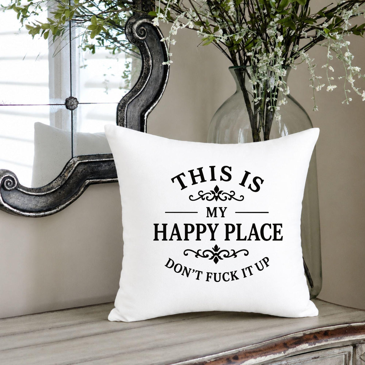 Funny Farmhouse Pillow Cover | "This Is My Happy Place" Quote, Rustic Home Decor