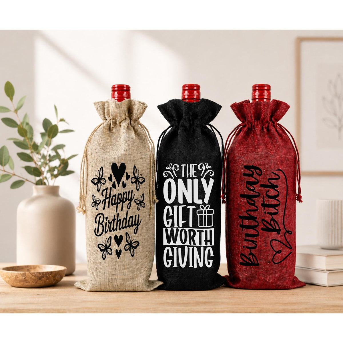 Funny Wine Bottle Gift Bags – Reusable Drawstring Wine Bags for Birthday Gifts