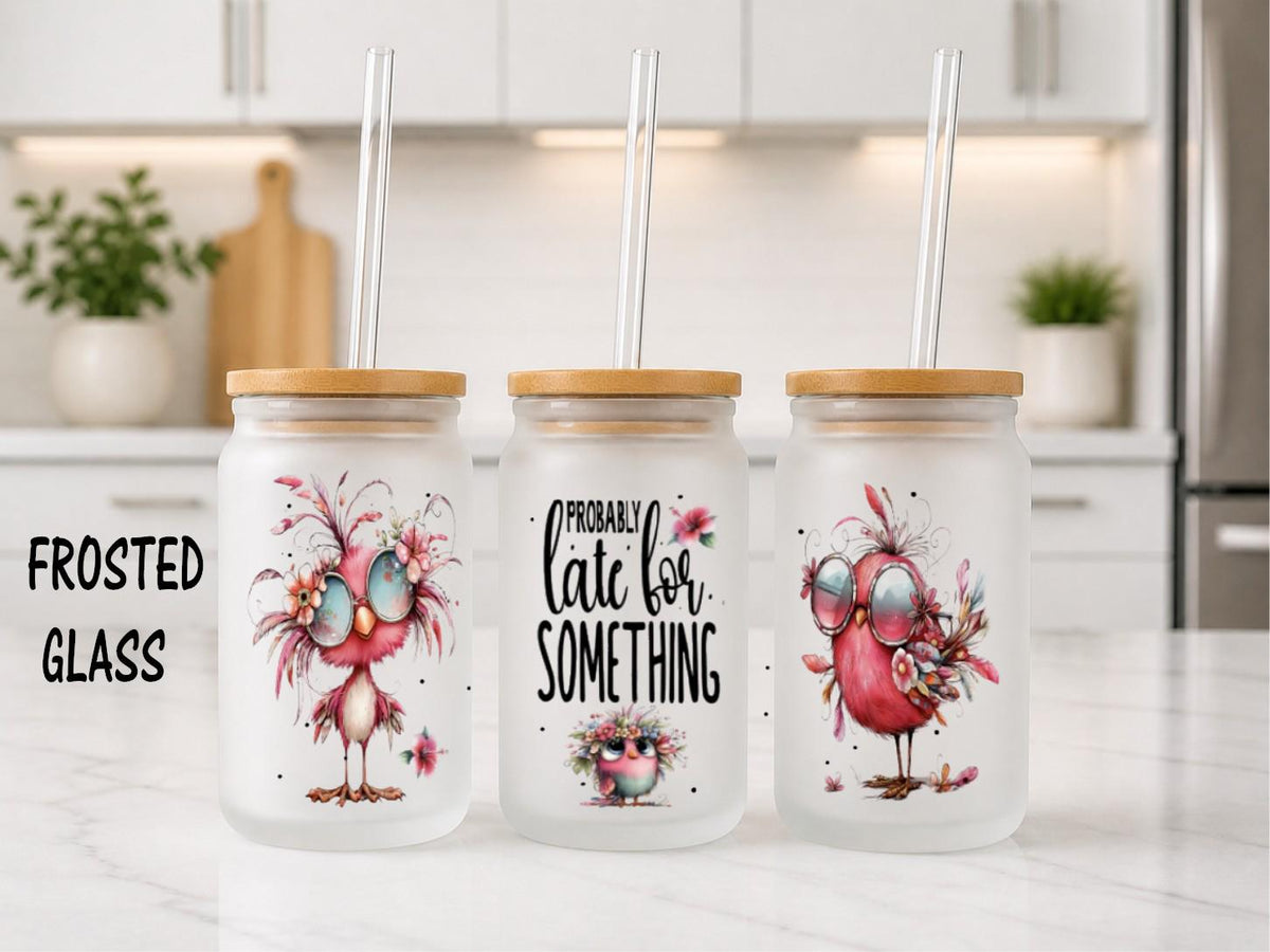 Funny Frosted Glass Can with Bamboo Lid & Straw – Probably Late for Something Bird Cup