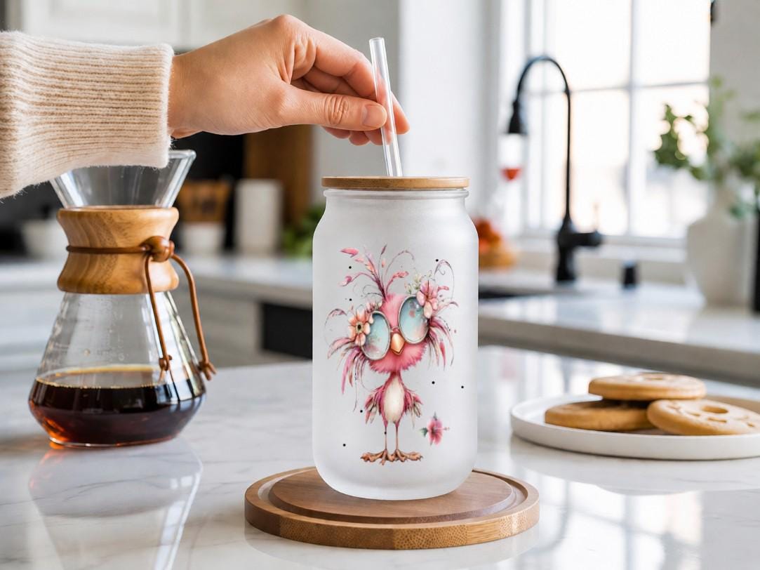 Funny Frosted Glass Can with Bamboo Lid & Straw – Probably Late for Something Bird Cup