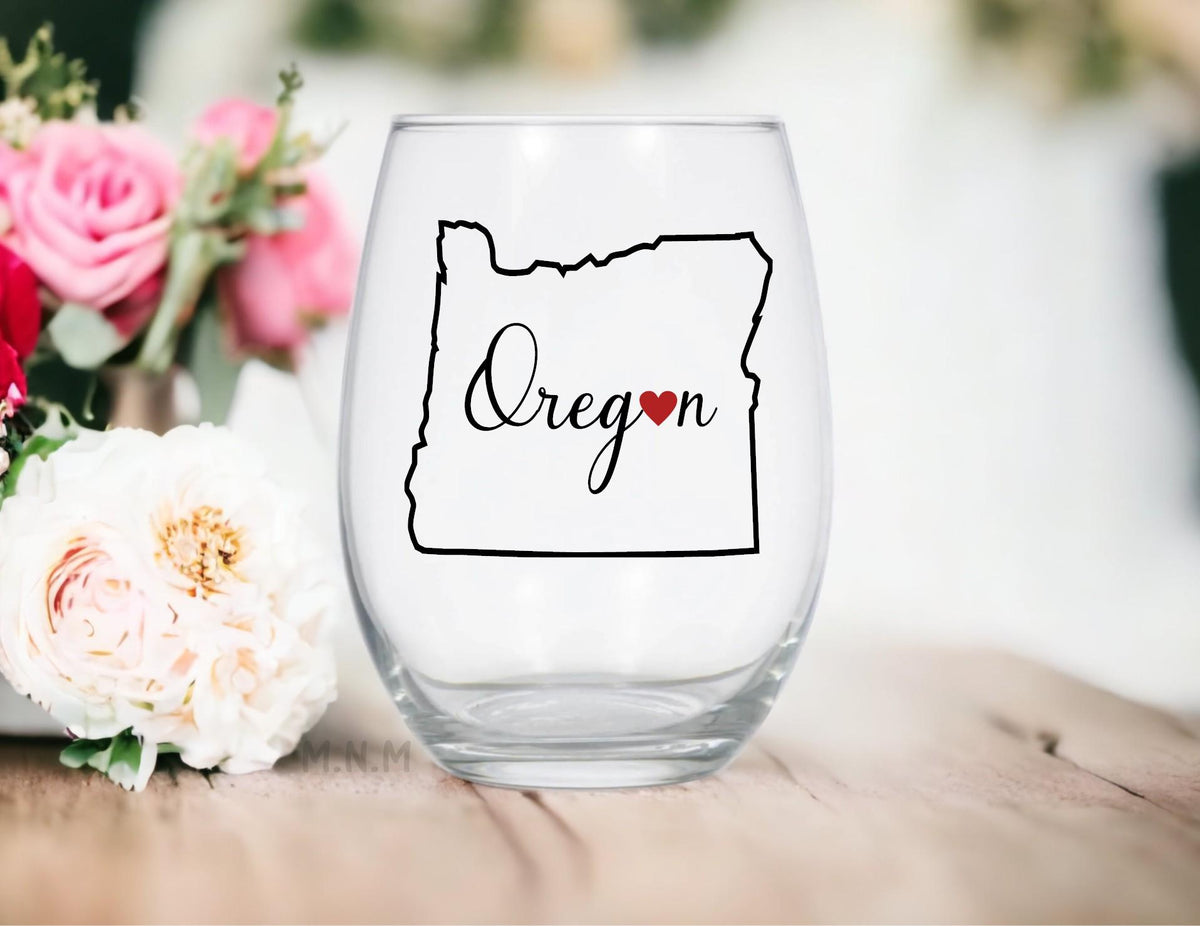 Oregon Stemless Wine Glass, Pacific Northwest Lover Gift, Minimalist State Outline Heart