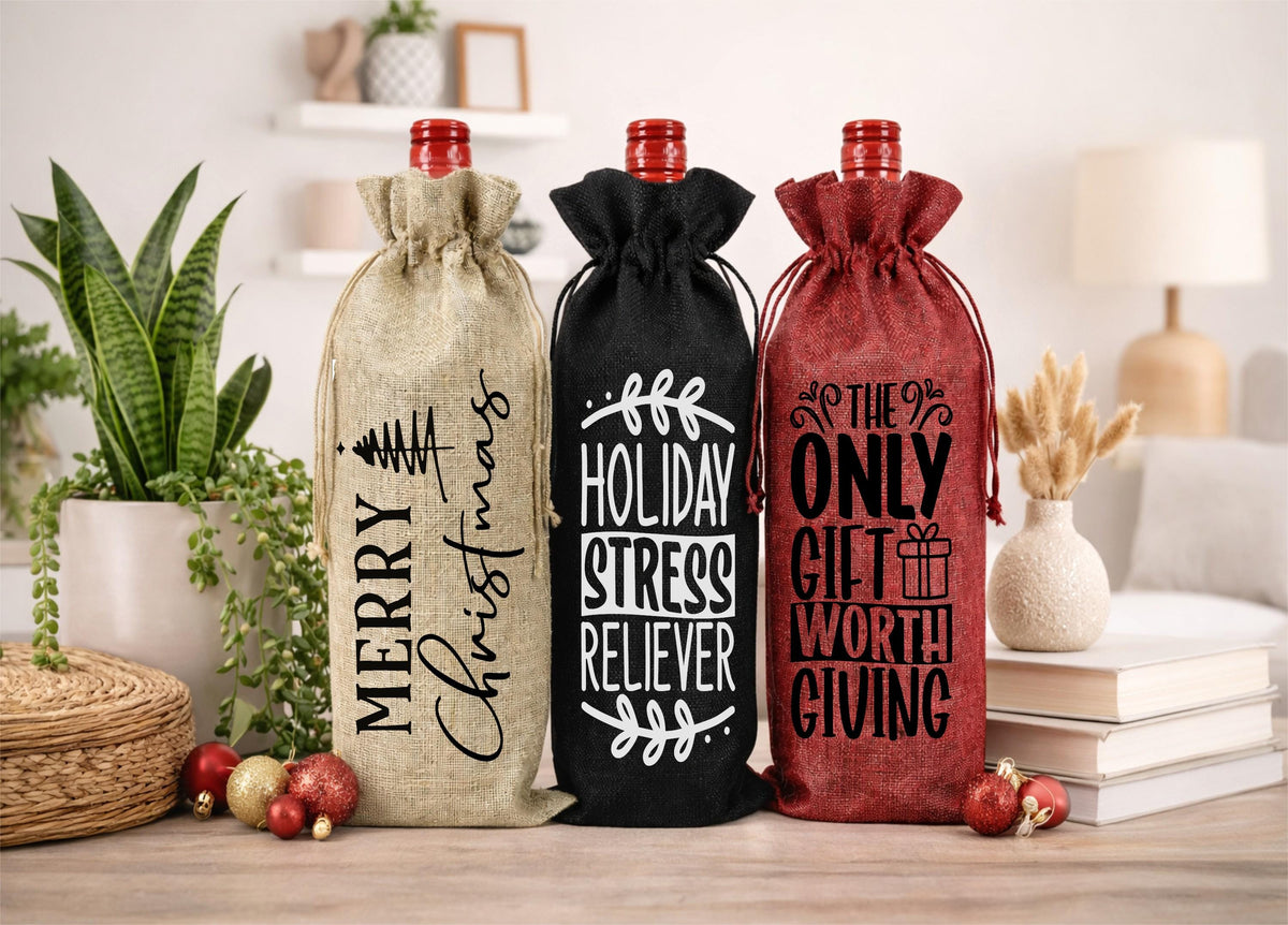 Christmas Burlap Wine Bag – Holiday Hostess Gift, Stress Reliever