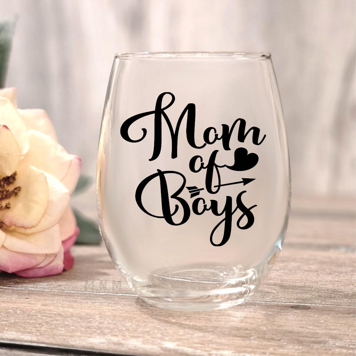 Mom of Boys Stemless Wine Glass, 20oz, Mother's Day Gift, Personalized Glass