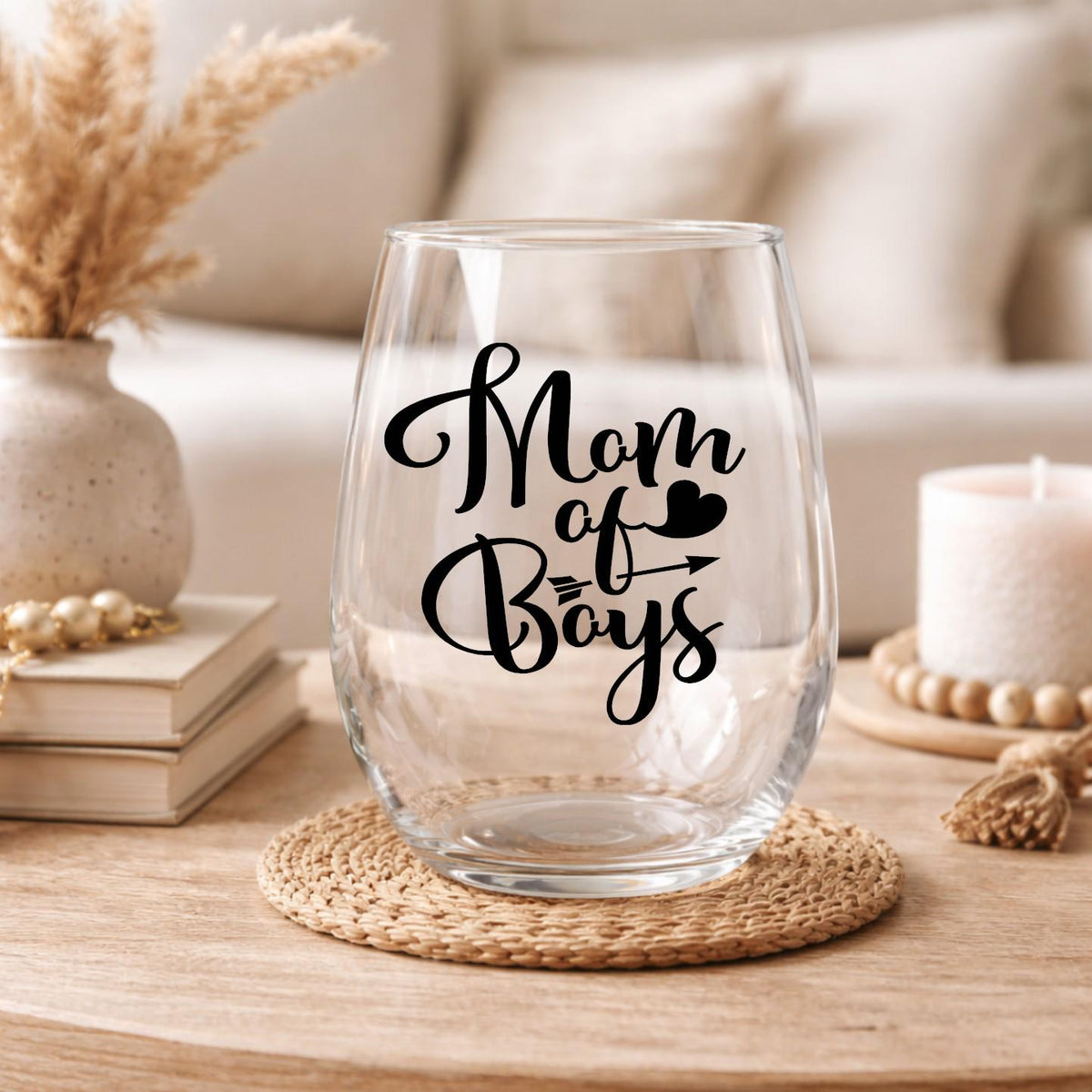 Mom of Boys Stemless Wine Glass, 20oz, Mother's Day Gift, Personalized Glass